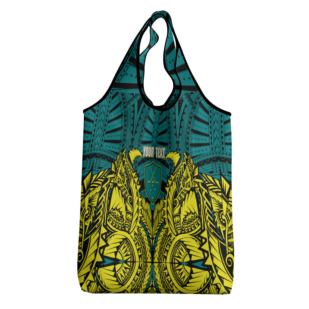 Personalized Hockeyroos Kangaroo Field Hockey Grocery Bag Tribal Geometric Green Gold Symmetrical Pattern Design