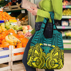 Personalized Hockeyroos Kangaroo Field Hockey Grocery Bag Tribal Geometric Green Gold Symmetrical Pattern Design