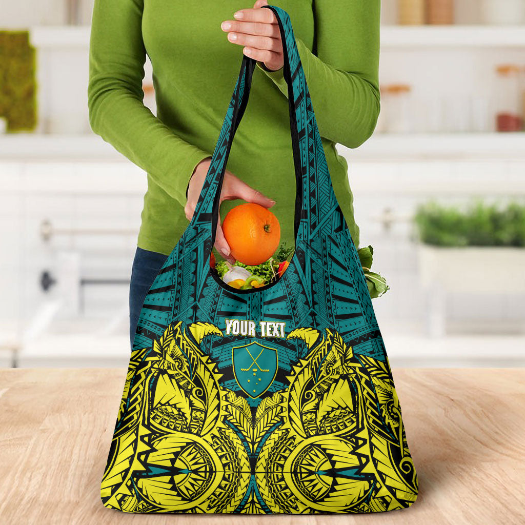 Personalized Hockeyroos Kangaroo Field Hockey Grocery Bag Tribal Geometric Green Gold Symmetrical Pattern Design