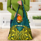 Personalized Hockeyroos Kangaroo Field Hockey Grocery Bag Tribal Geometric Green Gold Symmetrical Pattern Design