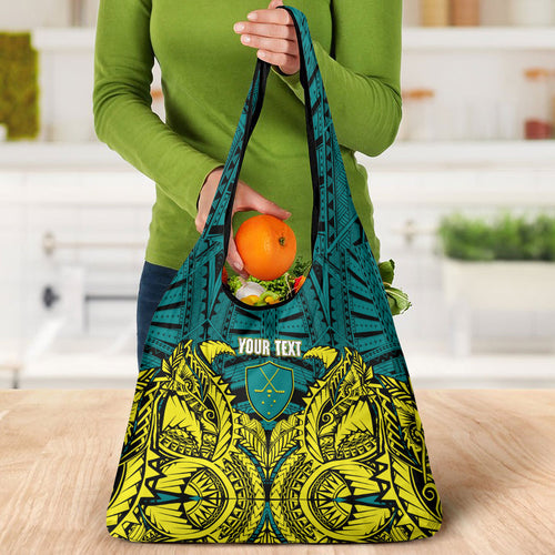 Personalized Hockeyroos Kangaroo Field Hockey Grocery Bag Tribal Geometric Green Gold Symmetrical Pattern Design