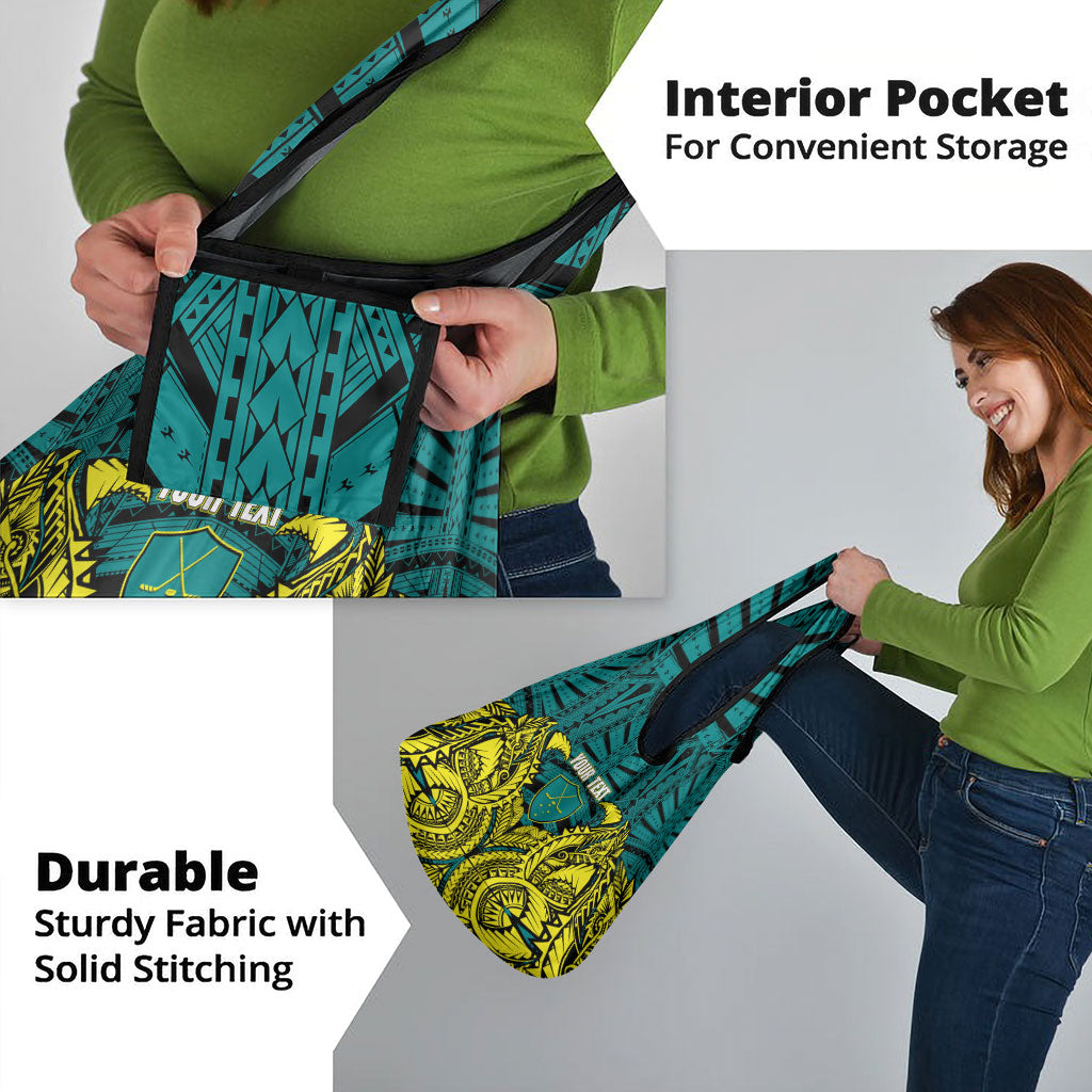 Personalized Hockeyroos Kangaroo Field Hockey Grocery Bag Tribal Geometric Green Gold Symmetrical Pattern Design