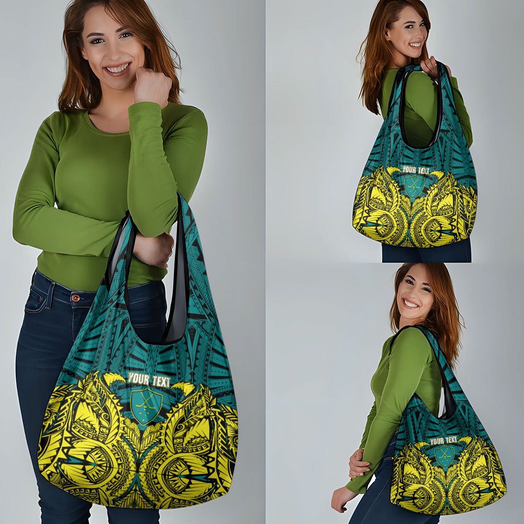 Personalized Hockeyroos Kangaroo Field Hockey Grocery Bag Tribal Geometric Green Gold Symmetrical Pattern Design