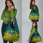 Personalized Hockeyroos Kangaroo Field Hockey Grocery Bag Tribal Geometric Green Gold Symmetrical Pattern Design