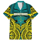 Personalized Hockeyroos Kangaroo Field Hockey Hawaiian Shirt Tribal Geometric Green Gold Symmetrical Pattern Design