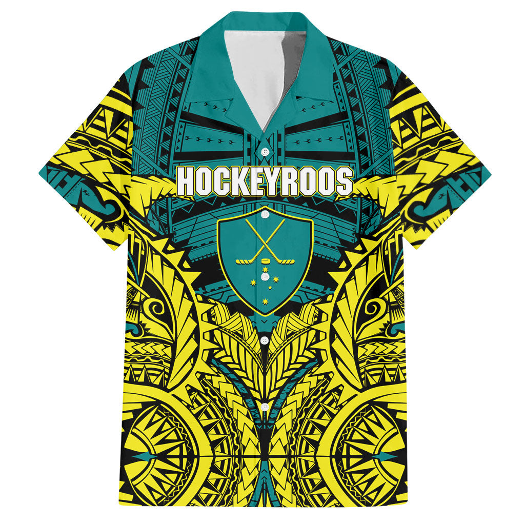 Personalized Hockeyroos Kangaroo Field Hockey Hawaiian Shirt Tribal Geometric Green Gold Symmetrical Pattern Design