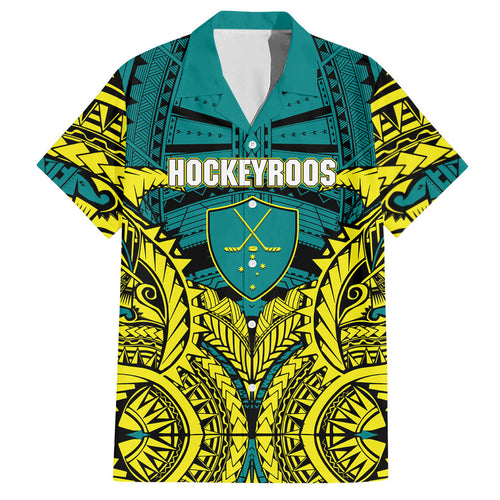 Personalized Hockeyroos Kangaroo Field Hockey Hawaiian Shirt Tribal Geometric Green Gold Symmetrical Pattern Design