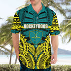 Personalized Hockeyroos Kangaroo Field Hockey Hawaiian Shirt Tribal Geometric Green Gold Symmetrical Pattern Design