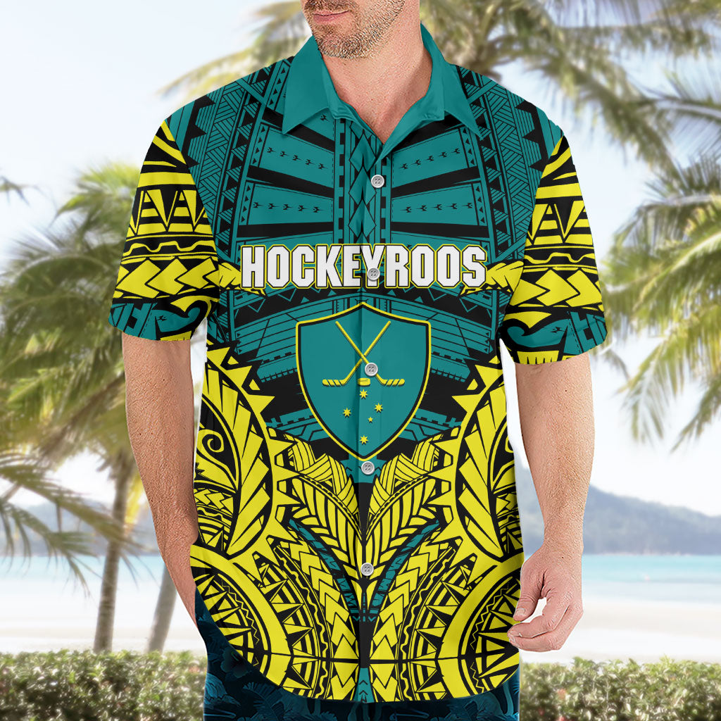 Personalized Hockeyroos Kangaroo Field Hockey Hawaiian Shirt Tribal Geometric Green Gold Symmetrical Pattern Design