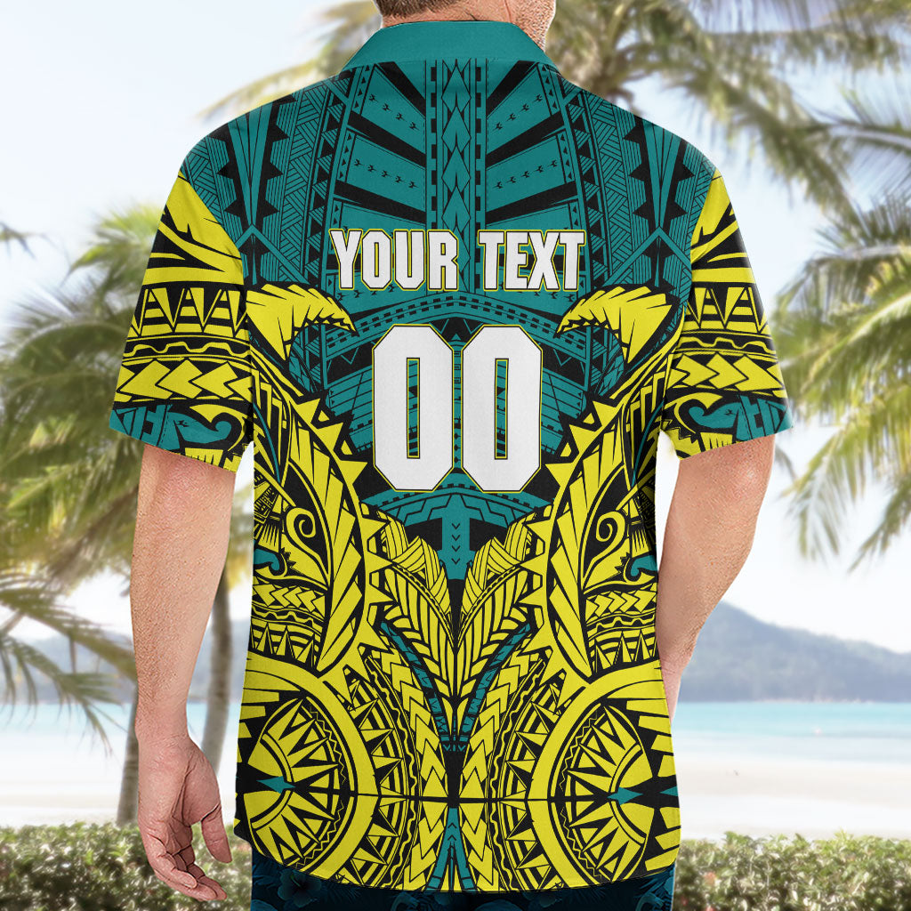 Personalized Hockeyroos Kangaroo Field Hockey Hawaiian Shirt Tribal Geometric Green Gold Symmetrical Pattern Design