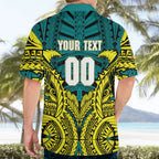 Personalized Hockeyroos Kangaroo Field Hockey Hawaiian Shirt Tribal Geometric Green Gold Symmetrical Pattern Design