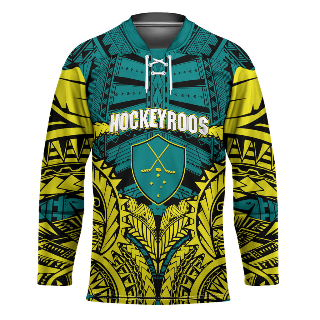 Personalized Hockeyroos Kangaroo Field Hockey Hockey Jersey Tribal Geometric Green Gold Symmetrical Pattern Design