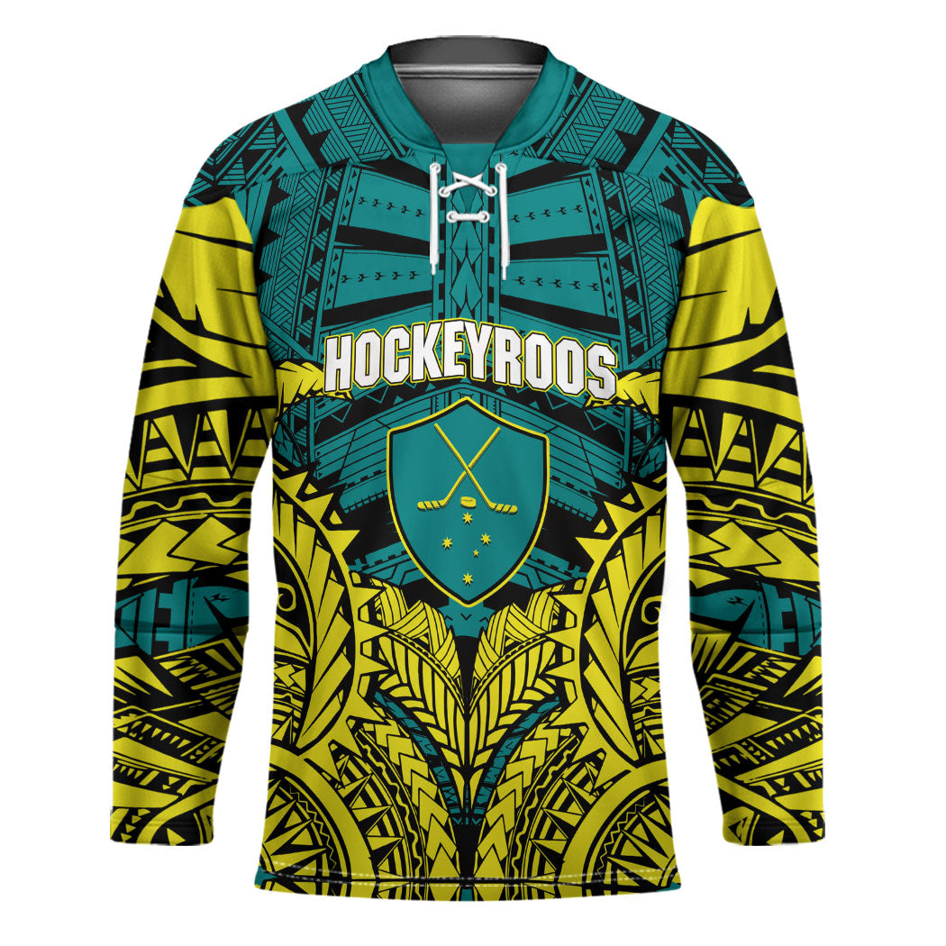 Personalized Hockeyroos Kangaroo Field Hockey Hockey Jersey Tribal Geometric Green Gold Symmetrical Pattern Design