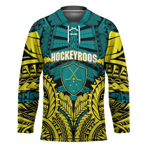 Personalized Hockeyroos Kangaroo Field Hockey Hockey Jersey Tribal Geometric Green Gold Symmetrical Pattern Design
