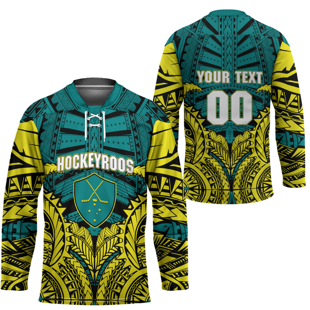 Personalized Hockeyroos Kangaroo Field Hockey Hockey Jersey Tribal Geometric Green Gold Symmetrical Pattern Design