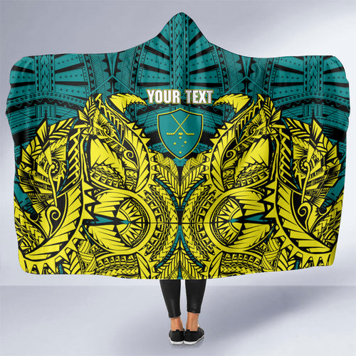 Personalized Hockeyroos Kangaroo Field Hockey Hooded Blanket Tribal Geometric Green Gold Symmetrical Pattern Design