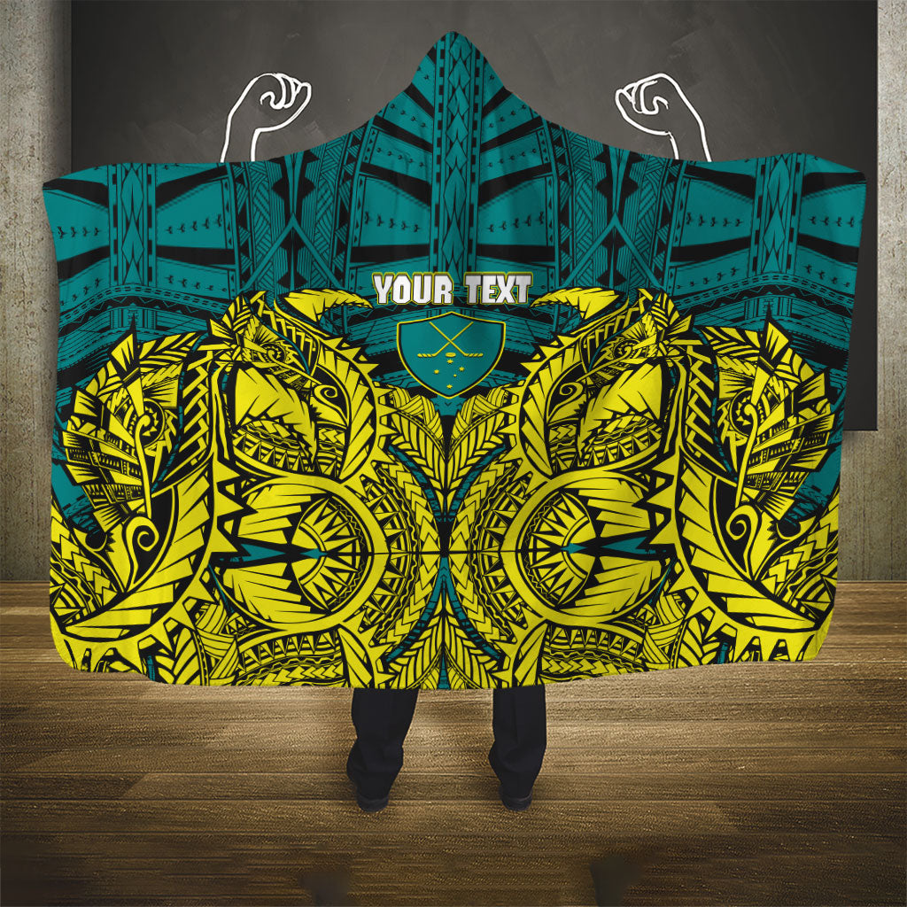 Personalized Hockeyroos Kangaroo Field Hockey Hooded Blanket Tribal Geometric Green Gold Symmetrical Pattern Design
