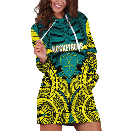 Personalized Hockeyroos Kangaroo Field Hockey Hoodie Dress Tribal Geometric Green Gold Symmetrical Pattern Design