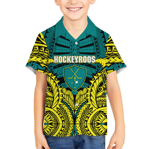 Personalized Hockeyroos Kangaroo Field Hockey Kid Hawaiian Shirt Tribal Geometric Green Gold Symmetrical Pattern Design