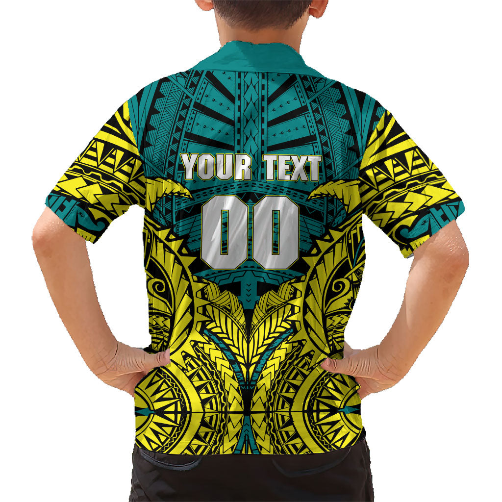 Personalized Hockeyroos Kangaroo Field Hockey Kid Hawaiian Shirt Tribal Geometric Green Gold Symmetrical Pattern Design