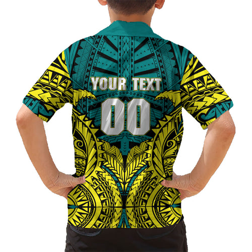 Personalized Hockeyroos Kangaroo Field Hockey Kid Hawaiian Shirt Tribal Geometric Green Gold Symmetrical Pattern Design