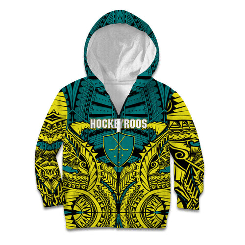 Personalized Hockeyroos Kangaroo Field Hockey Kid Hoodie Tribal Geometric Green Gold Symmetrical Pattern Design