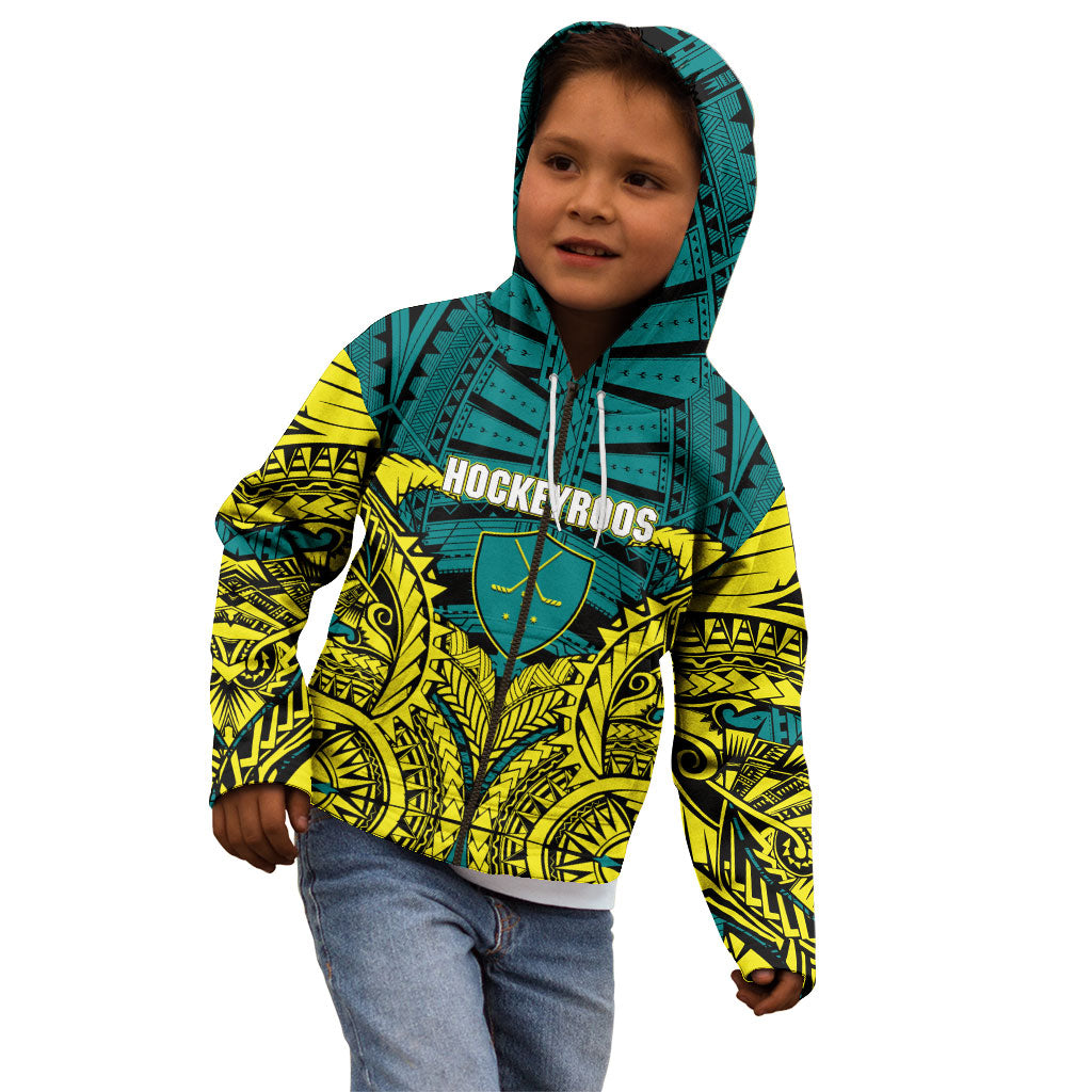 Personalized Hockeyroos Kangaroo Field Hockey Kid Hoodie Tribal Geometric Green Gold Symmetrical Pattern Design