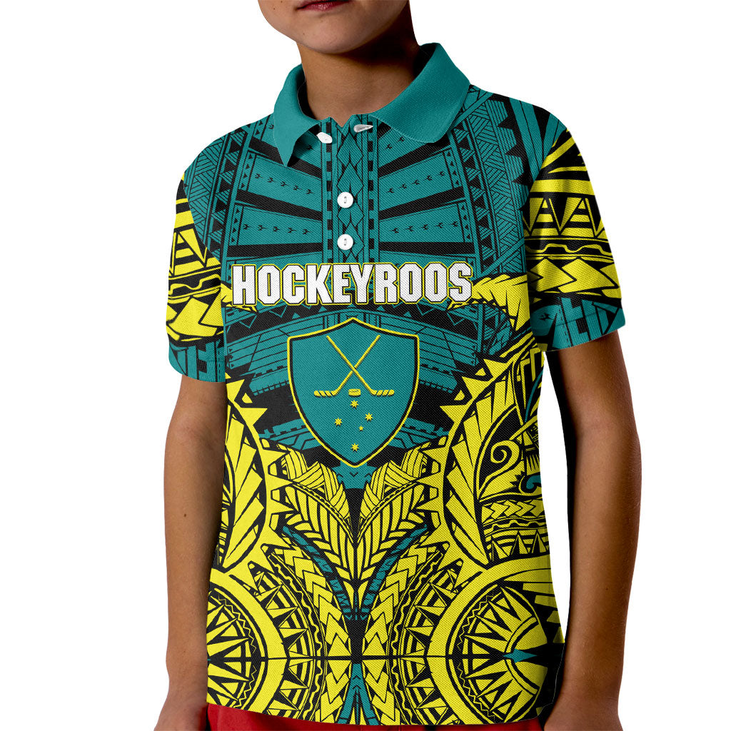 Personalized Hockeyroos Kangaroo Field Hockey Kid Polo Shirt Tribal Geometric Green Gold Symmetrical Pattern Design