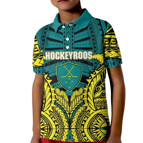 Personalized Hockeyroos Kangaroo Field Hockey Kid Polo Shirt Tribal Geometric Green Gold Symmetrical Pattern Design