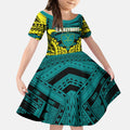 Personalized Hockeyroos Kangaroo Field Hockey Kid Short Sleeve Dress Tribal Geometric Green Gold Symmetrical Pattern Design