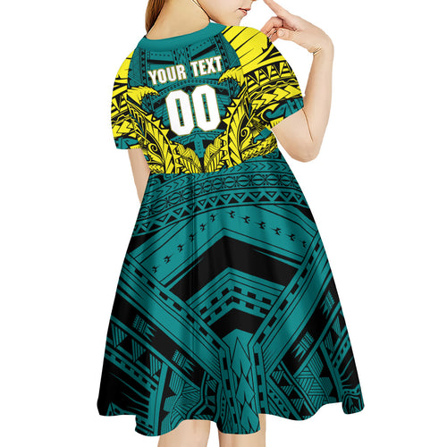 Personalized Hockeyroos Kangaroo Field Hockey Kid Short Sleeve Dress Tribal Geometric Green Gold Symmetrical Pattern Design