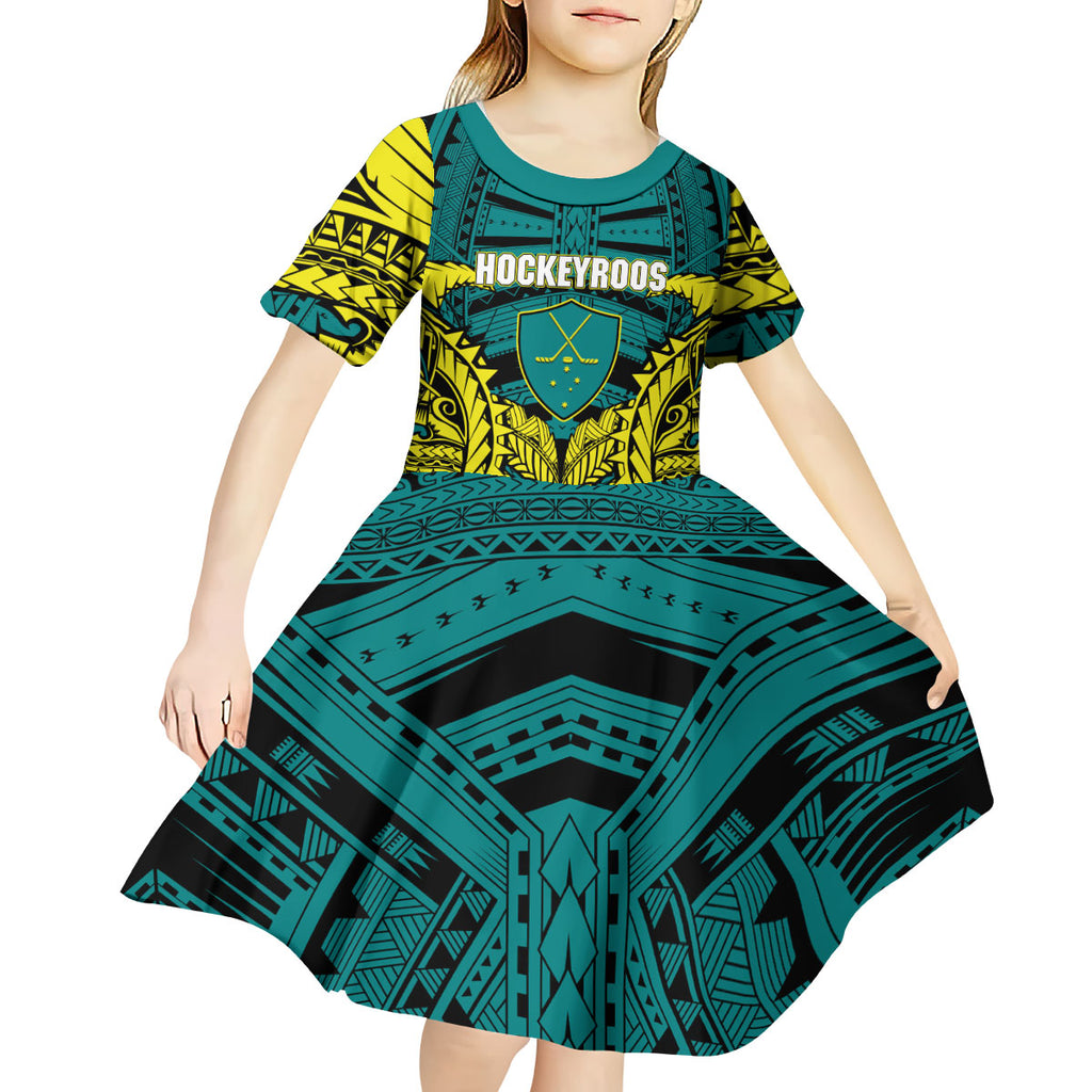 Personalized Hockeyroos Kangaroo Field Hockey Kid Short Sleeve Dress Tribal Geometric Green Gold Symmetrical Pattern Design