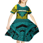 Personalized Hockeyroos Kangaroo Field Hockey Kid Short Sleeve Dress Tribal Geometric Green Gold Symmetrical Pattern Design