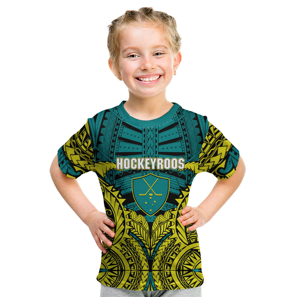 Personalized Hockeyroos Kangaroo Field Hockey Kid T Shirt Tribal Geometric Green Gold Symmetrical Pattern Design