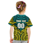 Personalized Hockeyroos Kangaroo Field Hockey Kid T Shirt Tribal Geometric Green Gold Symmetrical Pattern Design