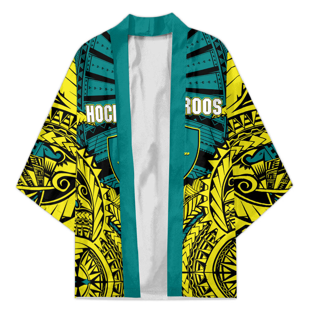 Personalized Hockeyroos Kangaroo Field Hockey Kimono Tribal Geometric Green Gold Symmetrical Pattern Design