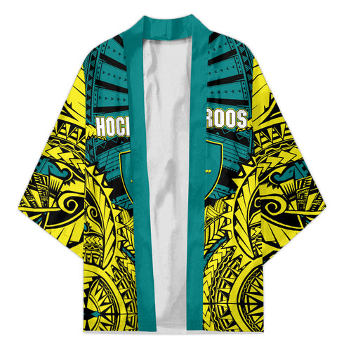 Personalized Hockeyroos Kangaroo Field Hockey Kimono Tribal Geometric Green Gold Symmetrical Pattern Design