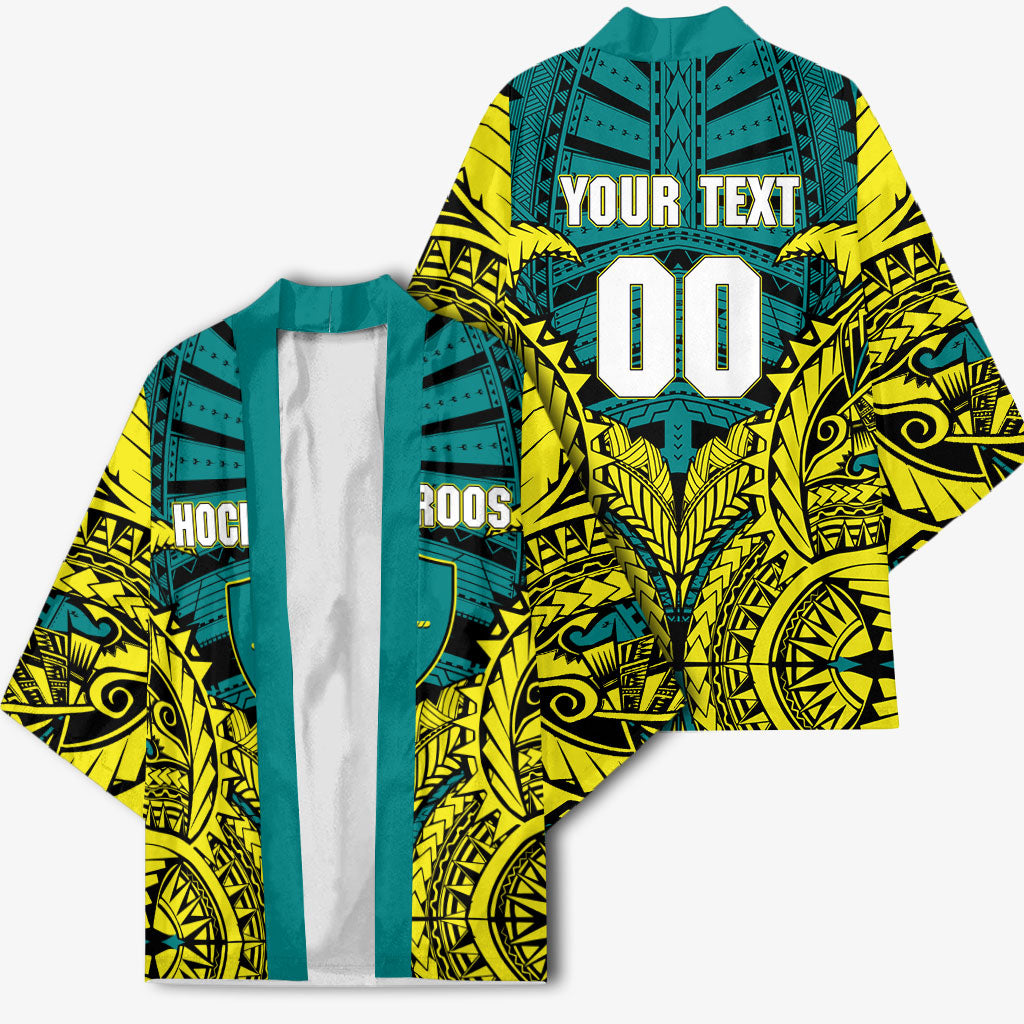 Personalized Hockeyroos Kangaroo Field Hockey Kimono Tribal Geometric Green Gold Symmetrical Pattern Design