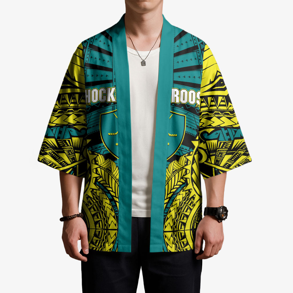 Personalized Hockeyroos Kangaroo Field Hockey Kimono Tribal Geometric Green Gold Symmetrical Pattern Design