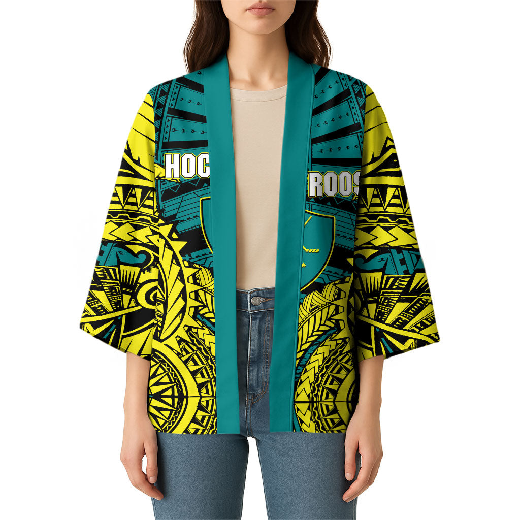 Personalized Hockeyroos Kangaroo Field Hockey Kimono Tribal Geometric Green Gold Symmetrical Pattern Design