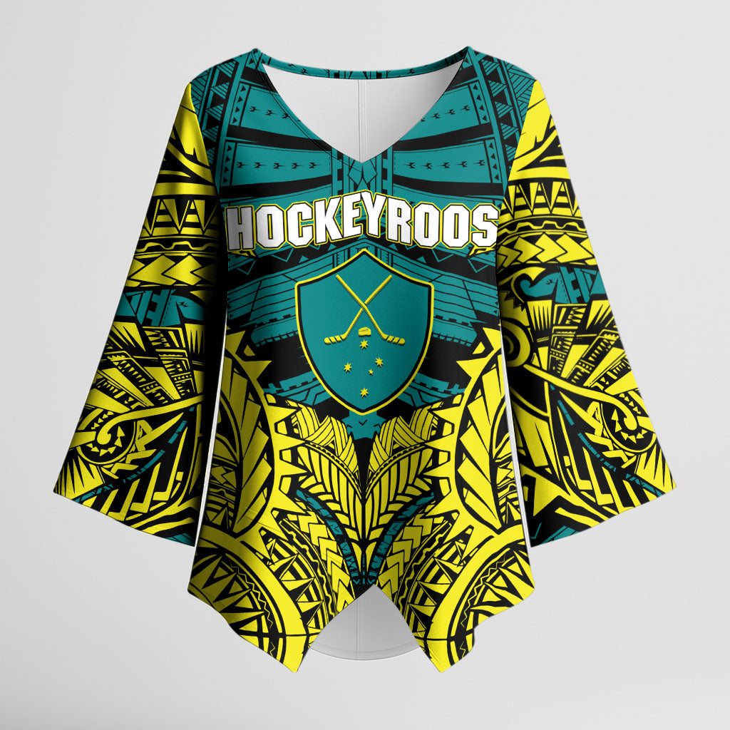 Personalized Hockeyroos Kangaroo Field Hockey Kimono Sleeve Blouse Tribal Geometric Green Gold Symmetrical Pattern Design