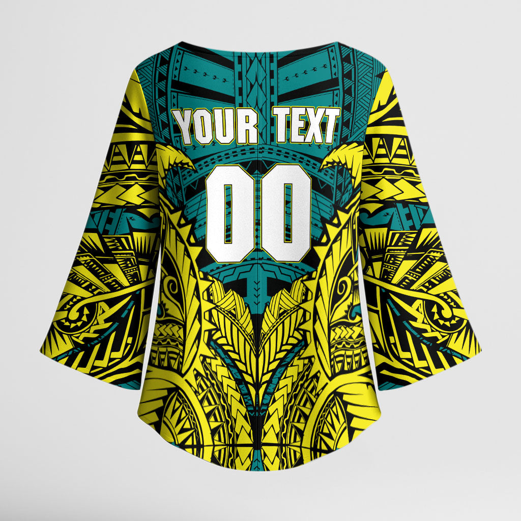 Personalized Hockeyroos Kangaroo Field Hockey Kimono Sleeve Blouse Tribal Geometric Green Gold Symmetrical Pattern Design
