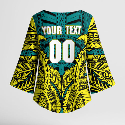 Personalized Hockeyroos Kangaroo Field Hockey Kimono Sleeve Blouse Tribal Geometric Green Gold Symmetrical Pattern Design