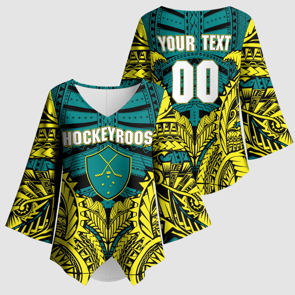 Personalized Hockeyroos Kangaroo Field Hockey Kimono Sleeve Blouse Tribal Geometric Green Gold Symmetrical Pattern Design