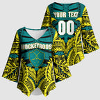 Personalized Hockeyroos Kangaroo Field Hockey Kimono Sleeve Blouse Tribal Geometric Green Gold Symmetrical Pattern Design