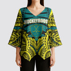 Personalized Hockeyroos Kangaroo Field Hockey Kimono Sleeve Blouse Tribal Geometric Green Gold Symmetrical Pattern Design