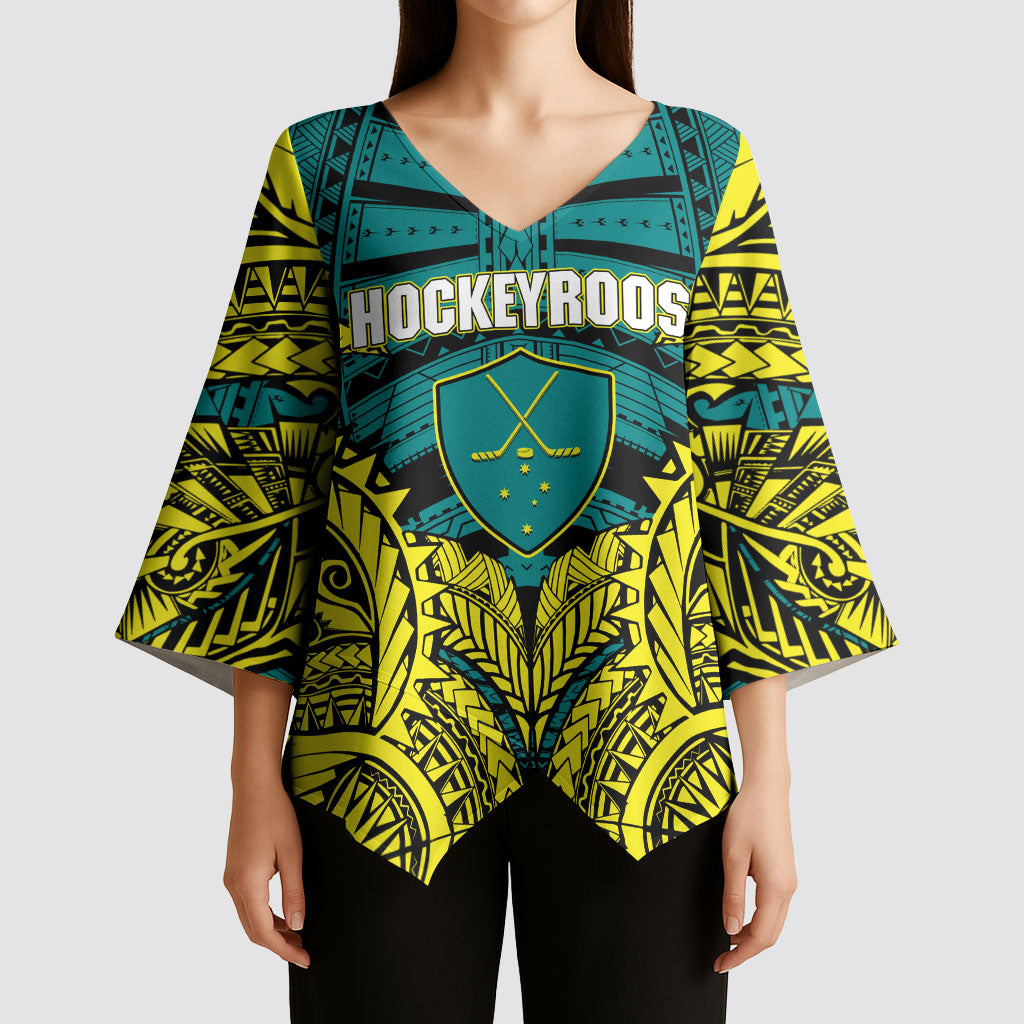 Personalized Hockeyroos Kangaroo Field Hockey Kimono Sleeve Blouse Tribal Geometric Green Gold Symmetrical Pattern Design