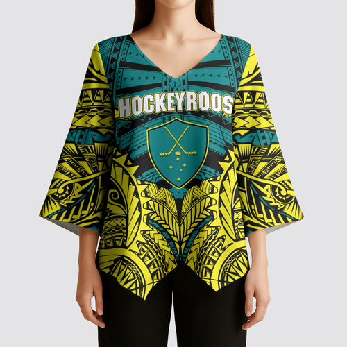Personalized Hockeyroos Kangaroo Field Hockey Kimono Sleeve Blouse Tribal Geometric Green Gold Symmetrical Pattern Design
