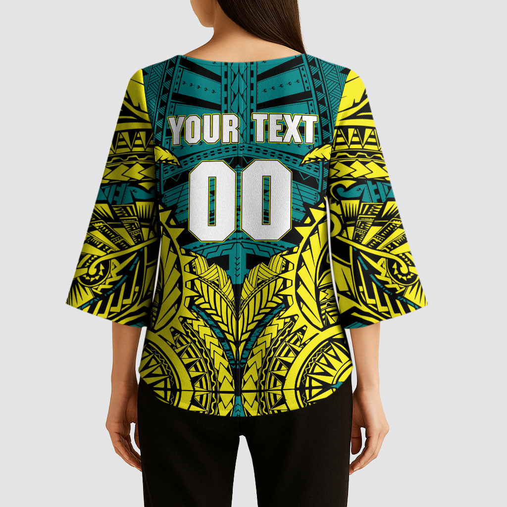 Personalized Hockeyroos Kangaroo Field Hockey Kimono Sleeve Blouse Tribal Geometric Green Gold Symmetrical Pattern Design