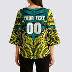 Personalized Hockeyroos Kangaroo Field Hockey Kimono Sleeve Blouse Tribal Geometric Green Gold Symmetrical Pattern Design